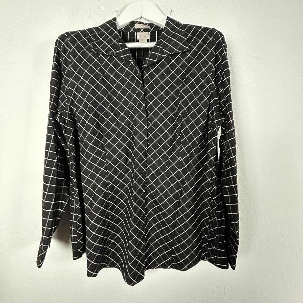 Chico's Womens No-Iron Sateen Windowpane-Print Wing Collar Shirt Size 2 US 12/14